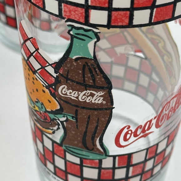 Coca Cola GLASSES 1997 Picnic Bottle and Burger Red Check-set of 4 - Picture 7 of 16